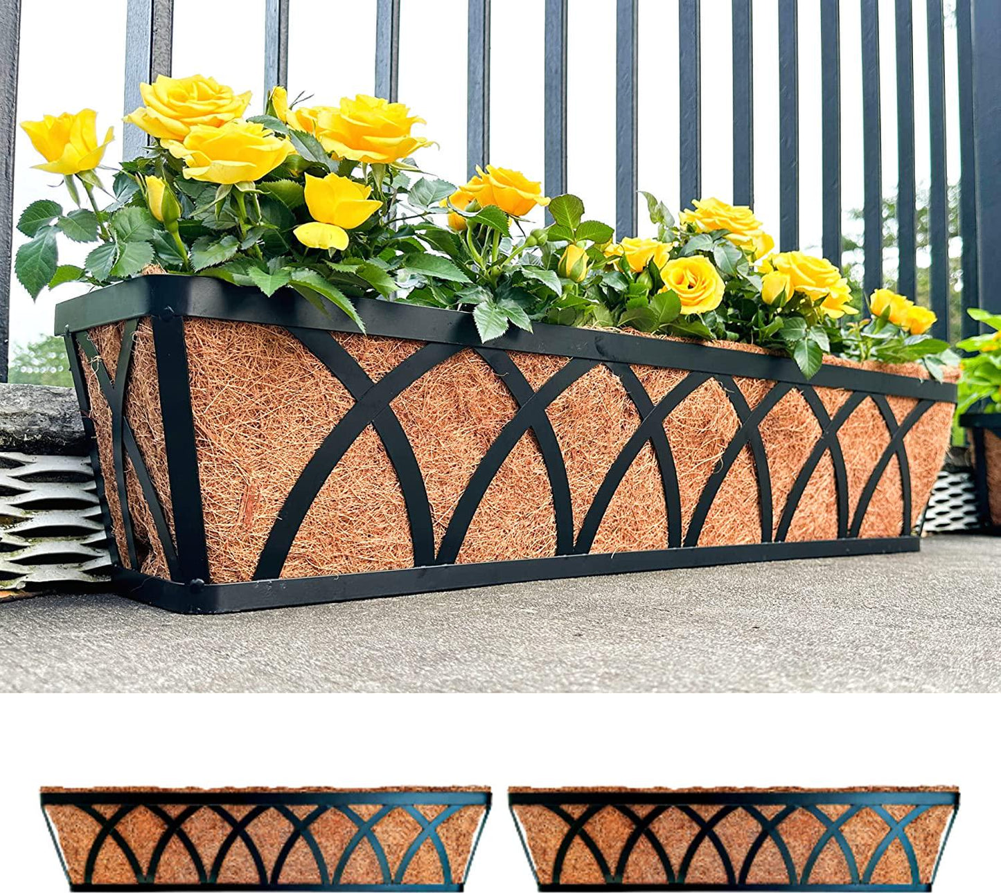 Maxona Window Planter Box - 2 Pack, 24 Inch Outdoor Wall Mounted and Deck Railing Planter with Coco Liner, Window Flower Basket, Balcony Railing Hanging Planter, Rail Planter Garden Patio Porch Fence-