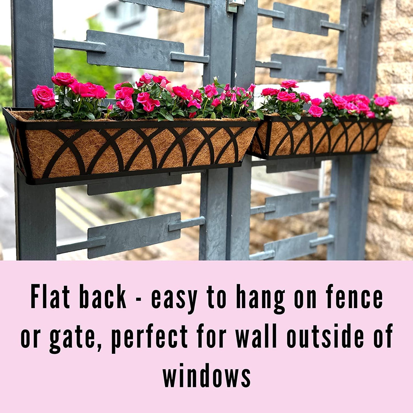 Maxona Window Planter Box - 2 Pack, 24 Inch Outdoor Wall Mounted and Deck Railing Planter with Coco Liner, Window Flower Basket, Balcony Railing Hanging Planter