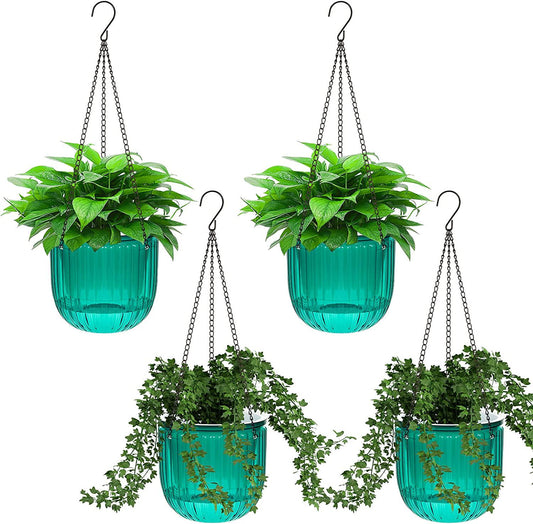 Meanplan 4 Pcs Self Watering Hanging Planter Indoor 6.5 Inch Hanging Baskets for Plants Outdoor Plastic Hanging Flower Pot with 3 Hooks Chains Drainage Holes for Garden Home, Medium Size (Emerald)-