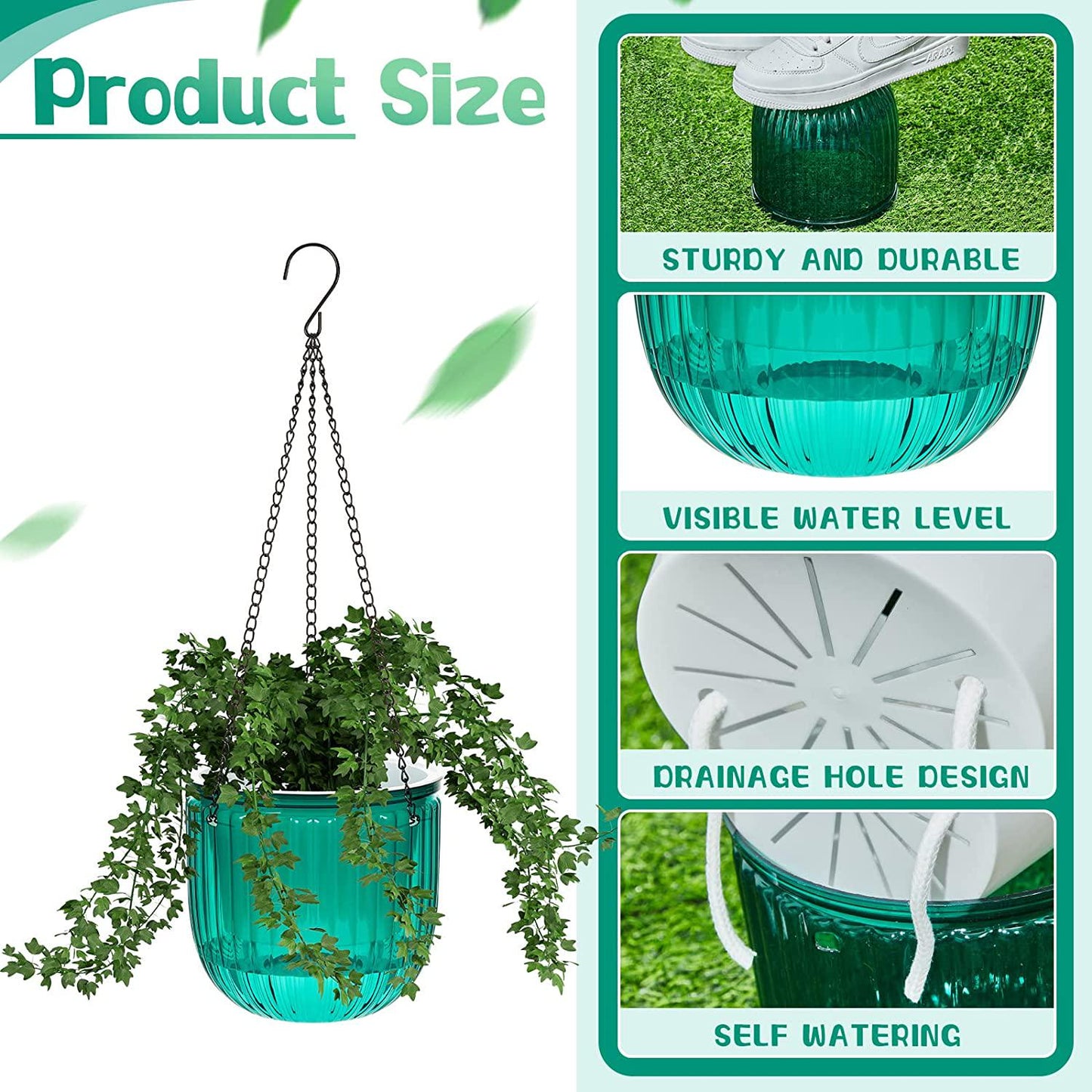 Meanplan 4 Pcs Self Watering Hanging Planter Indoor 6.5 Inch Hanging Baskets for Plants Outdoor Plastic Hanging Flower Pot with 3 Hooks Chains Drainage Holes for Garden Home, Medium Size (Emerald)