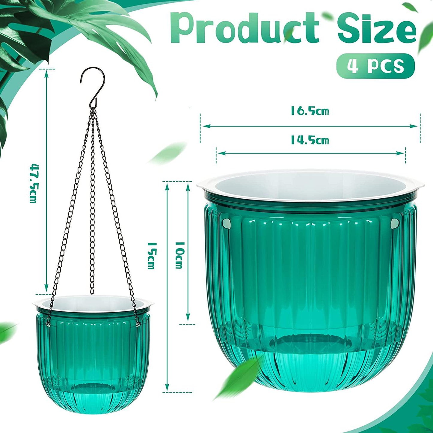 Meanplan 4 Pcs Self Watering Hanging Planter Indoor 6.5 Inch Hanging Baskets for Plants Outdoor Plastic Hanging Flower Pot with 3 Hooks Chains Drainage Holes for Garden Home, Medium Size (Emerald)
