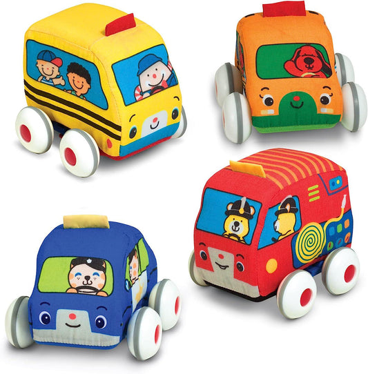 Melissa and Doug K's Kids Pull-Back Vehicle Set - Soft Baby Toy Set With 4 Cars and Trucks and Carrying Case-