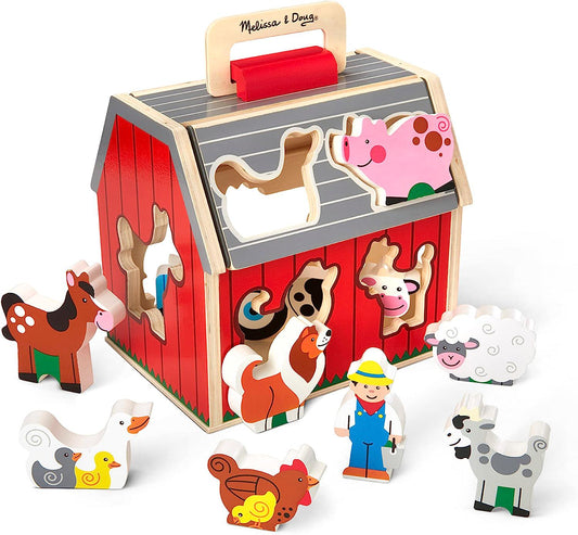 Melissa and Doug Wooden Take-Along Sorting Barn Toy with Flip-Up Roof and Handle, 10 Wooden Farm Play Pieces-