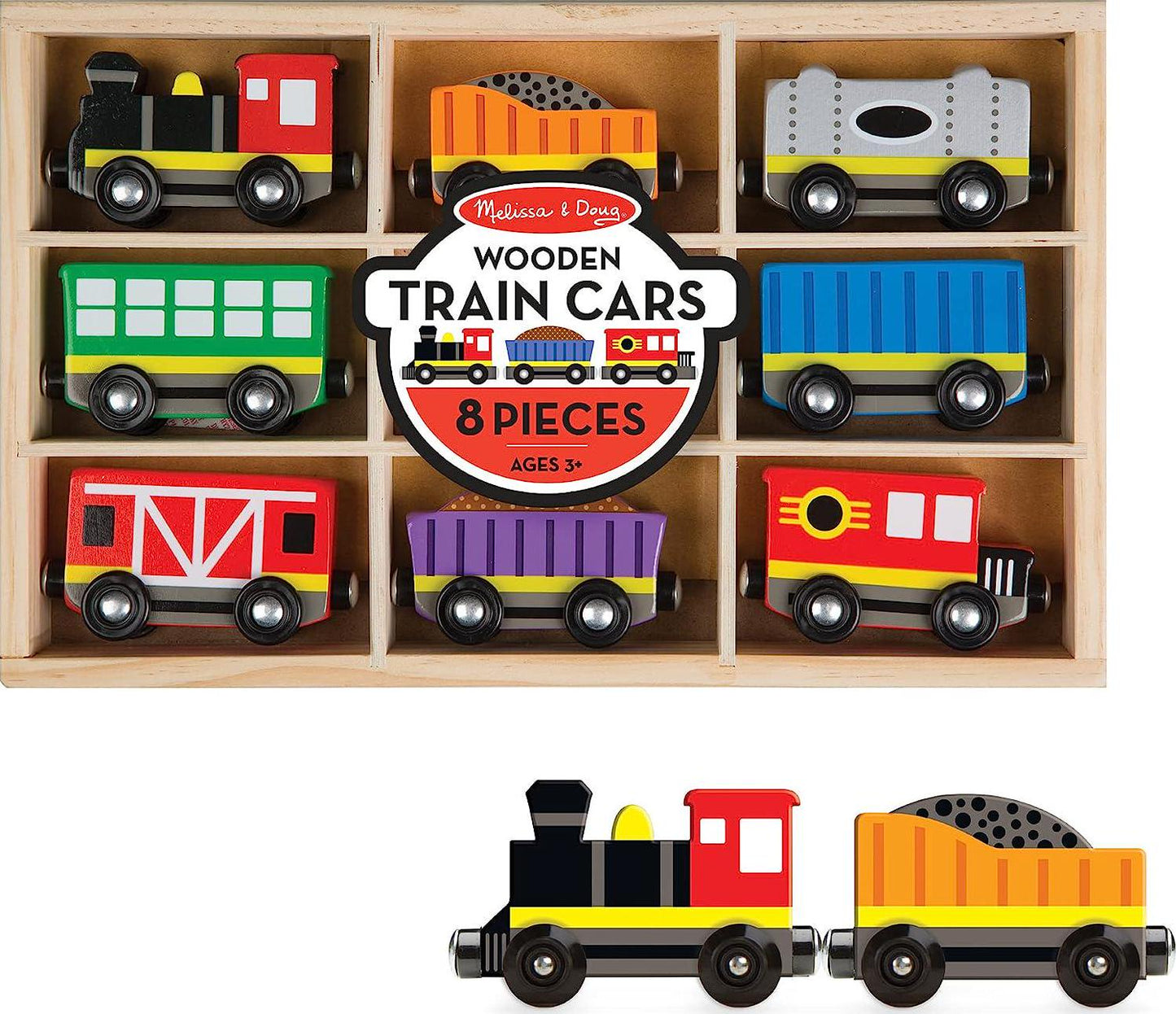 Melissa and Doug Wooden Train Cars (8 pcs) - Magnetic Train, Wooden Train Toys, Train Sets For Toddlers And Kids Ages 3+-