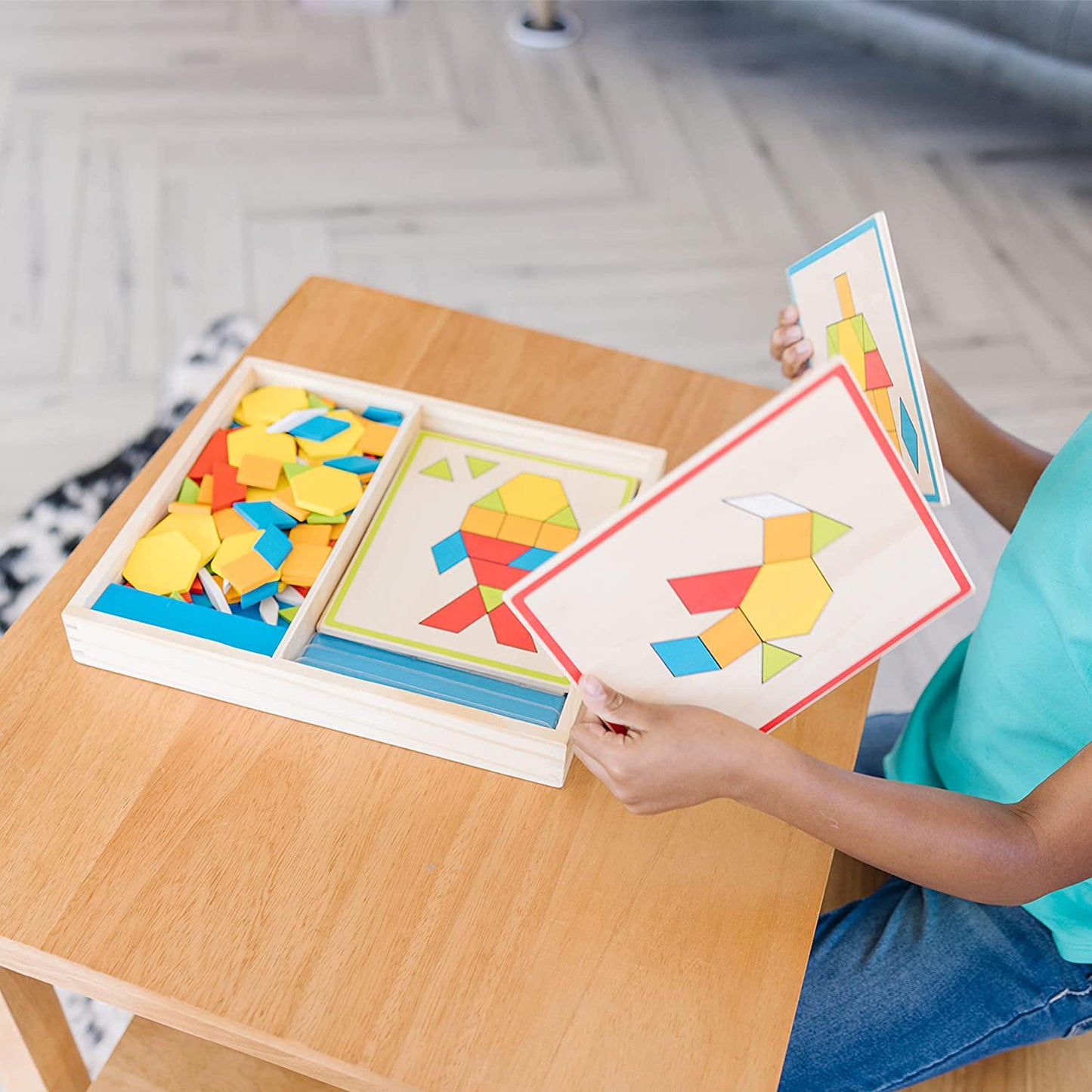 Pattern Blocks and Boards - Classic Toy With 120 Solid Wood Shapes and 5 Double-Sided Panels, Multi-colored