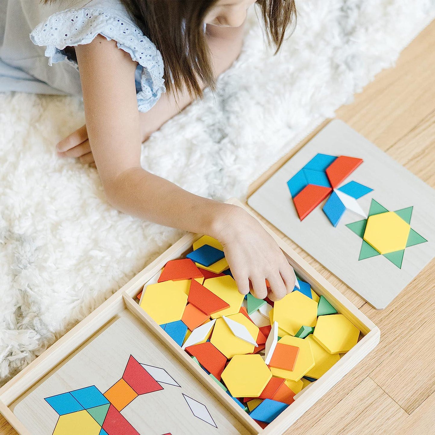 Pattern Blocks and Boards - Classic Toy With 120 Solid Wood Shapes and 5 Double-Sided Panels, Multi-colored