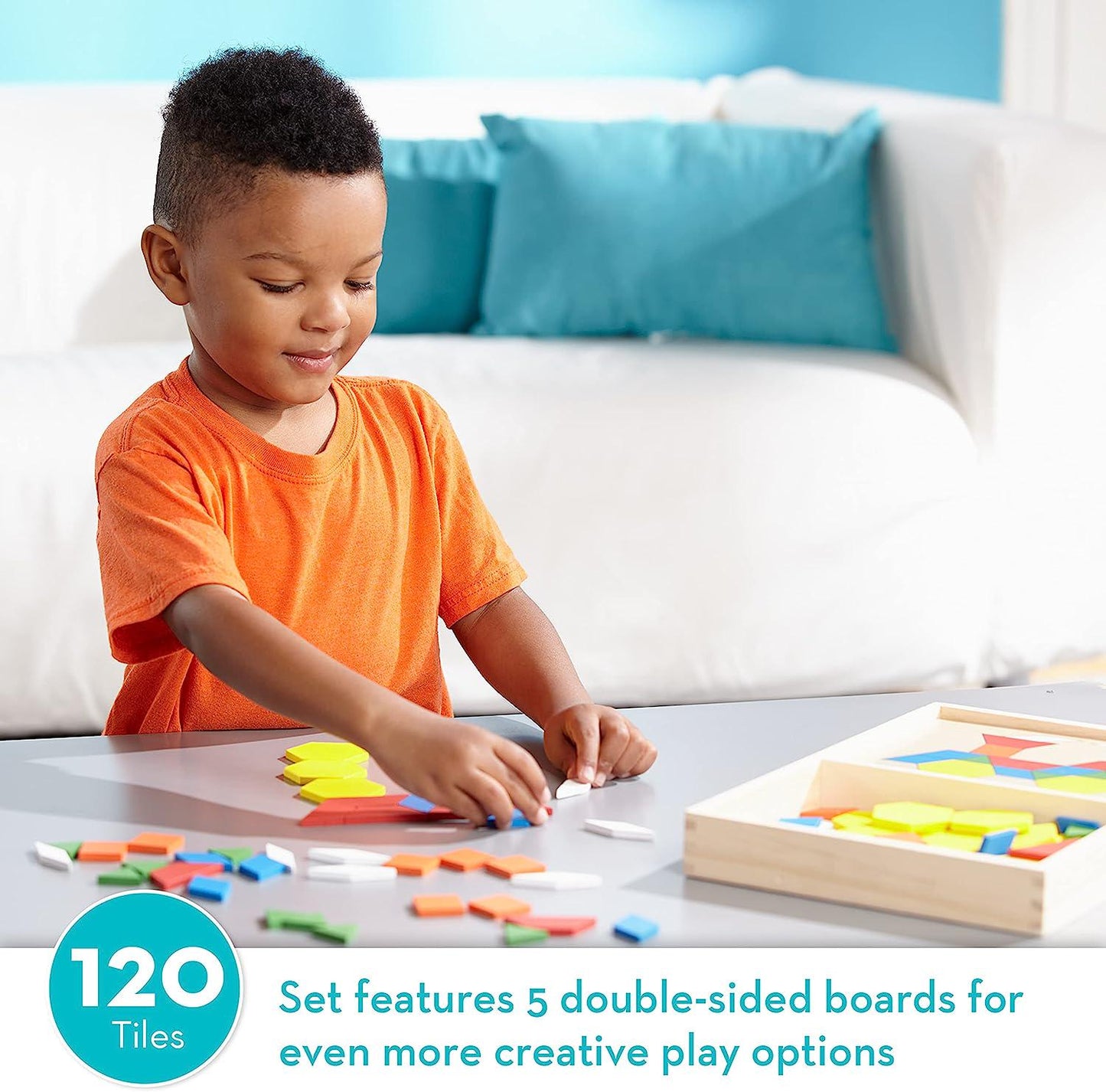 Pattern Blocks and Boards - Classic Toy With 120 Solid Wood Shapes and 5 Double-Sided Panels, Multi-colored