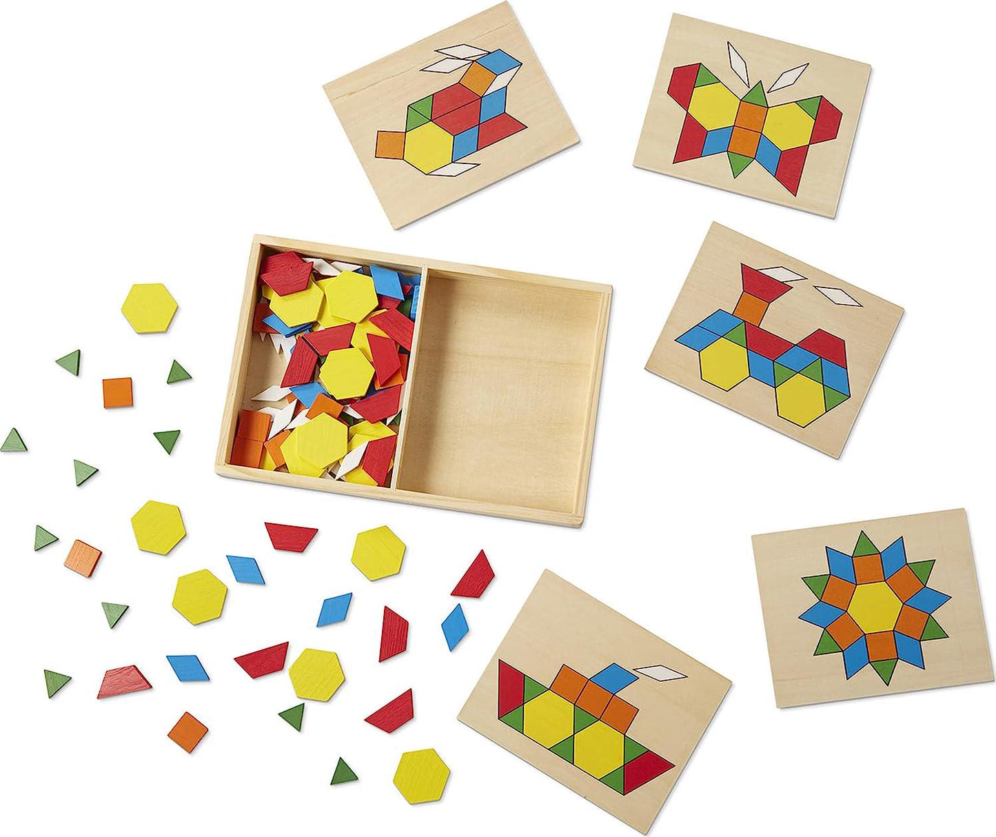 Pattern Blocks and Boards - Classic Toy With 120 Solid Wood Shapes and 5 Double-Sided Panels, Multi-colored