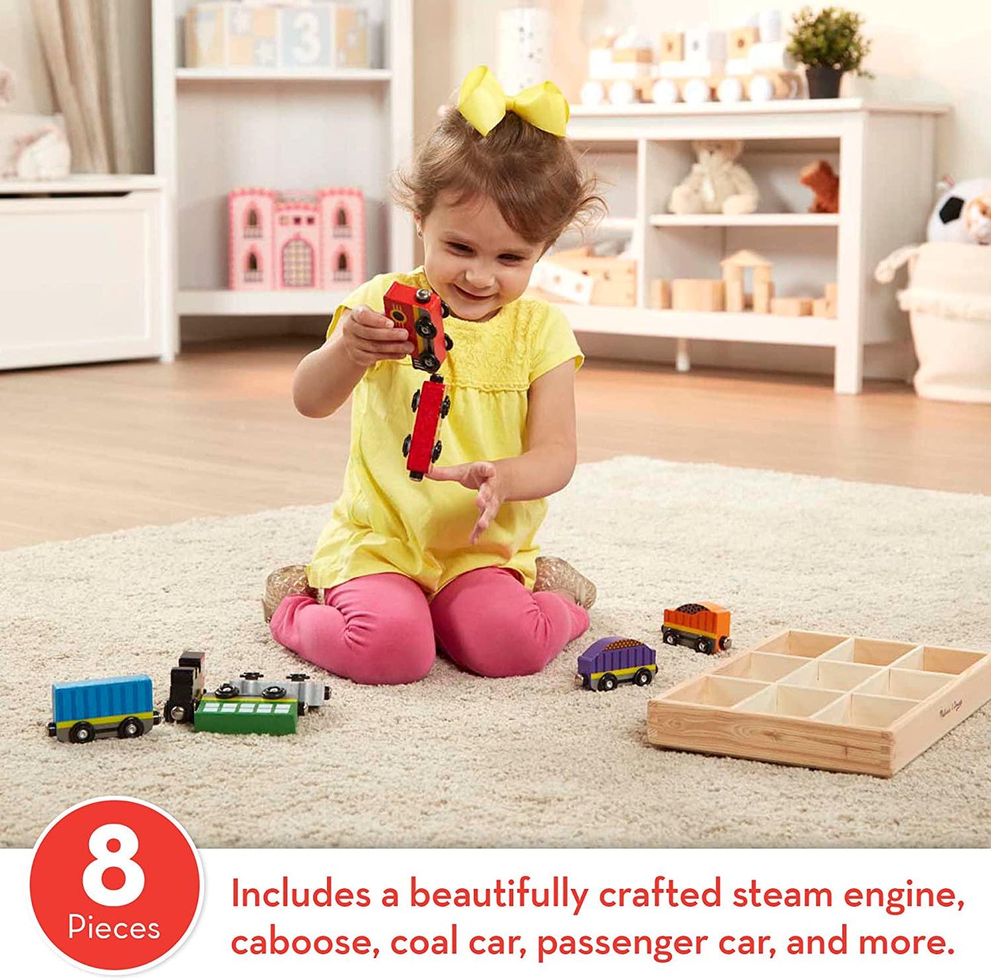 Wooden Train Cars (8 pcs) - Magnetic Train, Wooden Train Toys, Train Sets For Toddlers And Kids Ages 3+