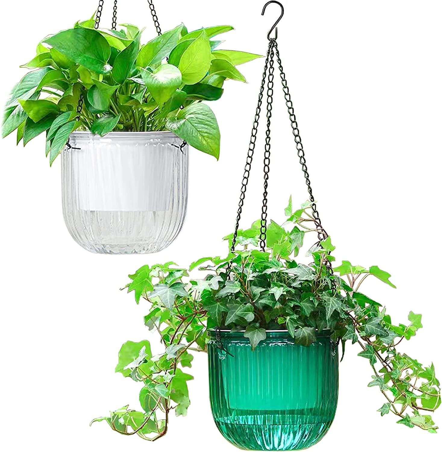 Melphoe 2 Pack Self Watering Hanging Planters Indoor Hanging Flower Pots, 6.5 Inch Outdoor Hanging Plant Pot Basket, Plant Hanger with 3Hooks Drainage Holes for Garden Home-