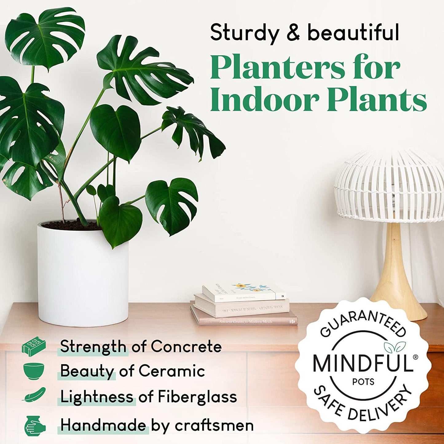 Mindful Pots 6 inch Plant Pot for Indoor Plants, Durable and Sturdy Fiberstone Ceramic Planter (White)