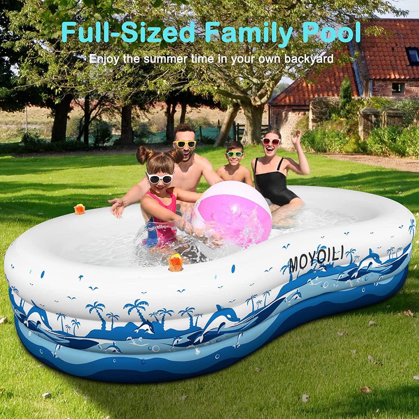 Minosoo Inflatable Pool, 130 x 72 x 22 Inflatable Pool for Adults and Kids with Seat, Drink Holder Full Sized Family Blow Up Swimming Kiddie Pool