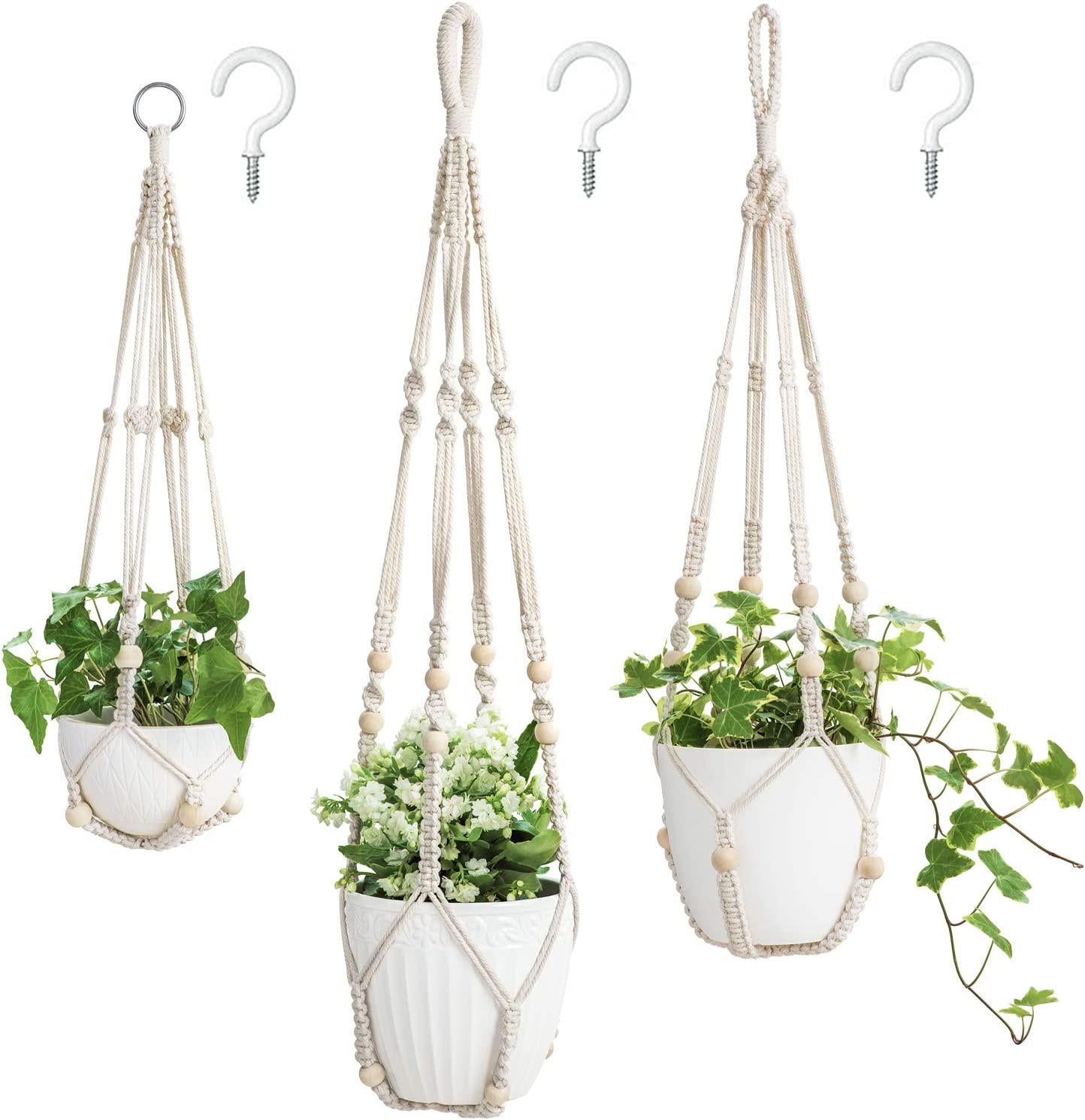 Mkono 3 Pack Macrame Plant Hangers Indoor Different Size Hanging Planter Basket Flower Pot Holder with Beads No Tassels 35 /29 /23 , Medium, Ivory-