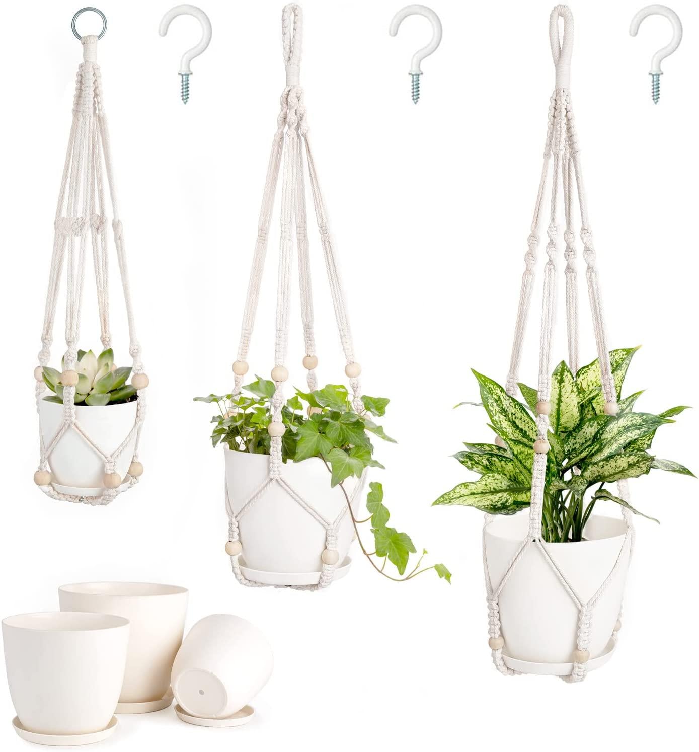 Mkono 3 Pack Macrame Plant Hangers with Pots, 35 /29 /23 Indoor Different Size Hanging Planter Basket Flower Pot Holder with Saucers and Hooks No Tassels (Plastic Flower Pots Included), Medium, Ivory-