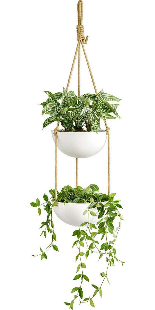 Mkono 9 Inch Ceramic Double Hanging Planter 2 Tier Round Flower Plant Pot Porcelain Hanging Basket with Polyester Rope Hanger for Indoor Outdoor Herbs Ferns Ivy Modern Vertical Plant Garden, White-