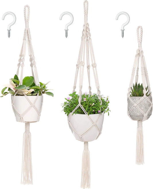 Mkono Macrame Plant Hangers, 3 Different Sizes Indoor Hanging Planters Basket Decorative Flower Pots Holder Stand Boho Home Decor, Ivory-