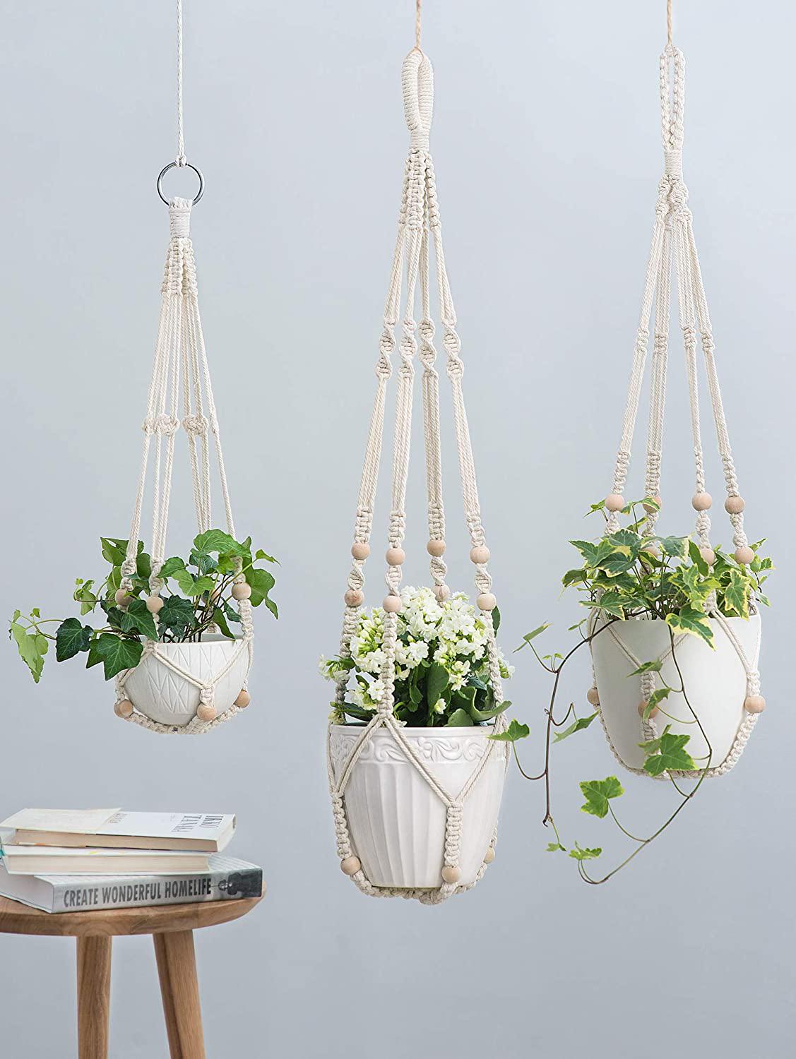 Mkono 3 Pack Macrame Plant Hangers Indoor Different Size Hanging Planter Basket Flower Pot Holder with Beads No Tassels 35 /29 /23 , Medium, Ivory