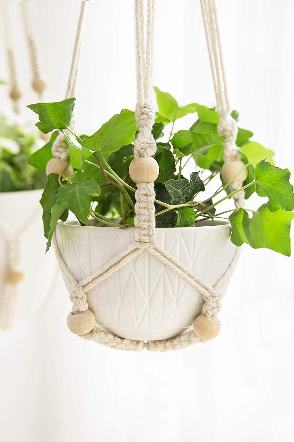 Mkono 3 Pack Macrame Plant Hangers Indoor Different Size Hanging Planter Basket Flower Pot Holder with Beads No Tassels 35 /29 /23 , Medium, Ivory