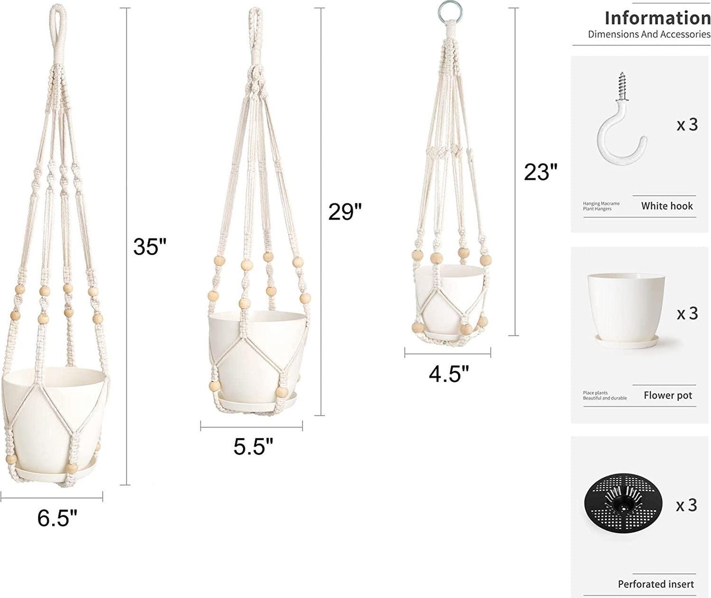 Mkono 3 Pack Macrame Plant Hangers with Pots, 35 /29 /23 Indoor Different Size Hanging Planter Basket Flower Pot Holder with Saucers and Hooks No Tassels (Plastic Flower Pots Included), Medium, Ivory