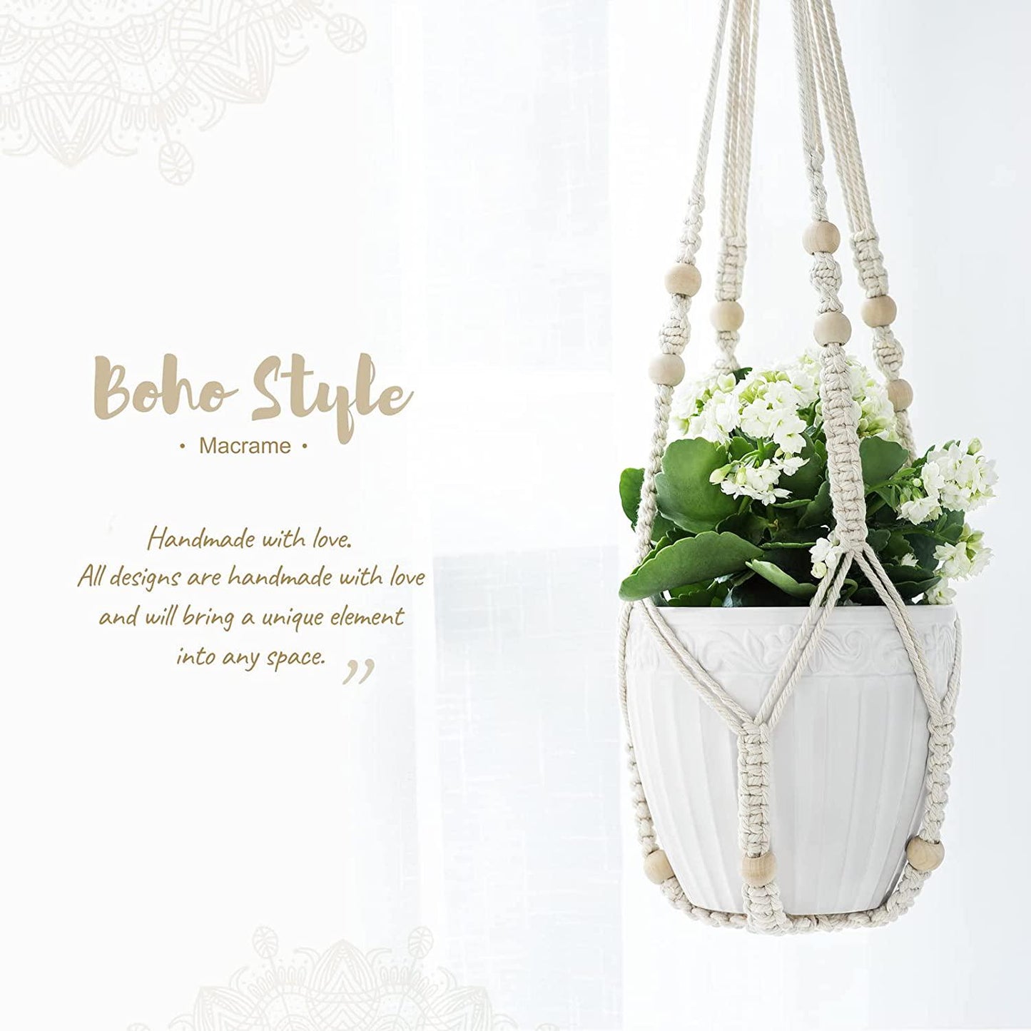 Mkono 3 Pack Macrame Plant Hangers Indoor Different Size Hanging Planter Basket Flower Pot Holder with Beads No Tassels 35 /29 /23 , Medium, Ivory