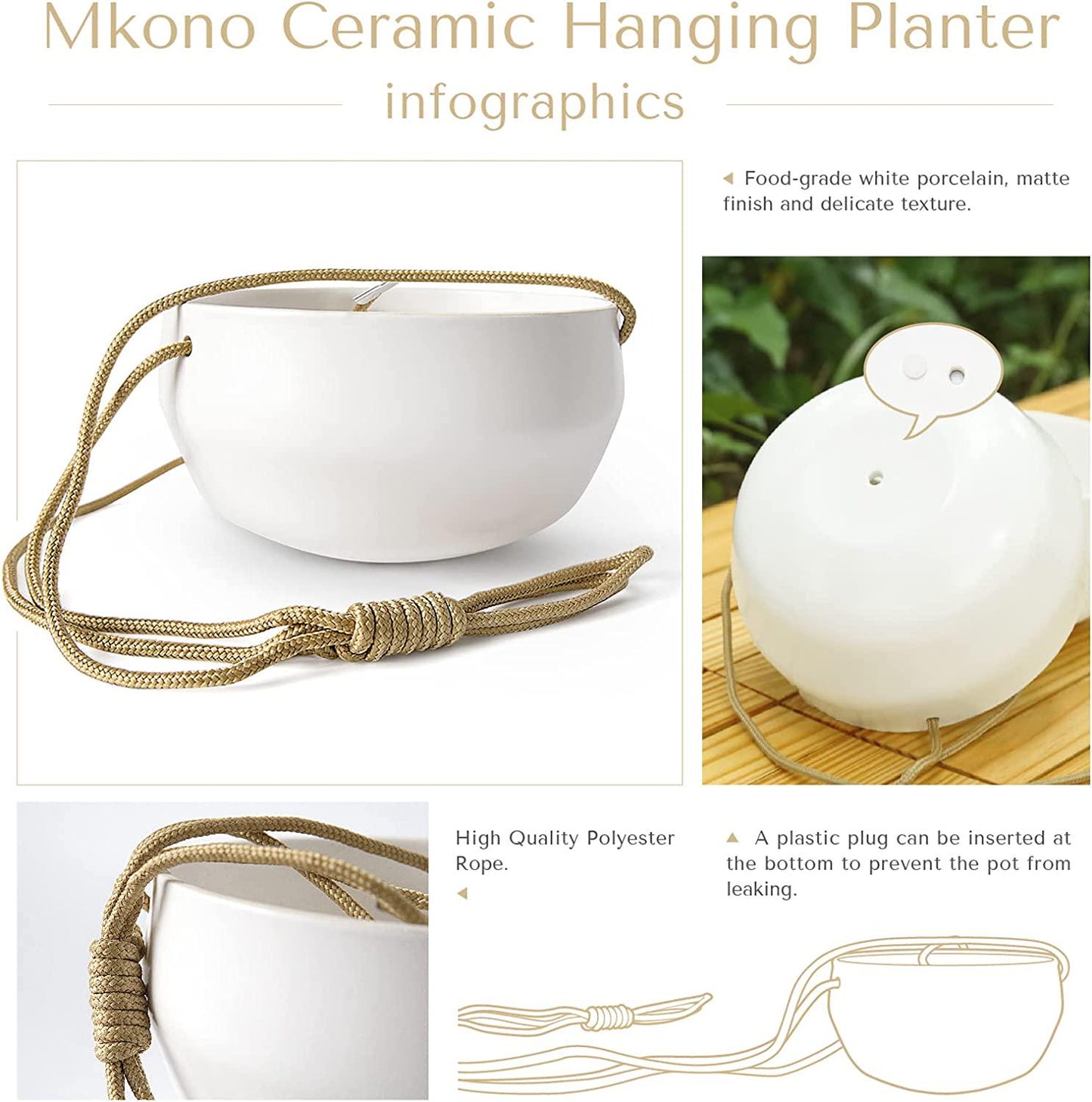 Mkono Ceramic Hanging Planter of Shallow 8 Inch and Deep 6 Inch for Indoor Outdoor Plants, Set of 2 Modern Plant Pot Geometric Porcelain Hanging Basket with Polyester Rope Hanger for Herbs Ferns Ivy