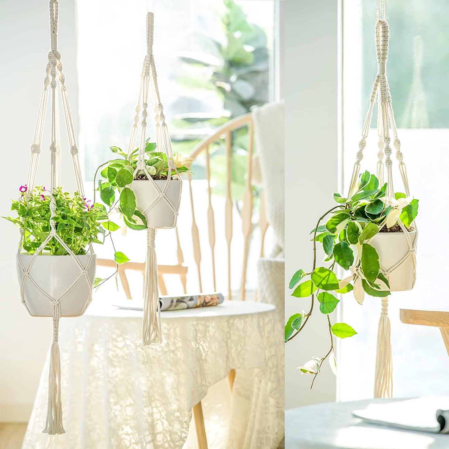 Mkono Macrame Plant Hangers, 3 Different Sizes Indoor Hanging Planters Basket Decorative Flower Pots Holder Stand Boho Home Decor, Ivory