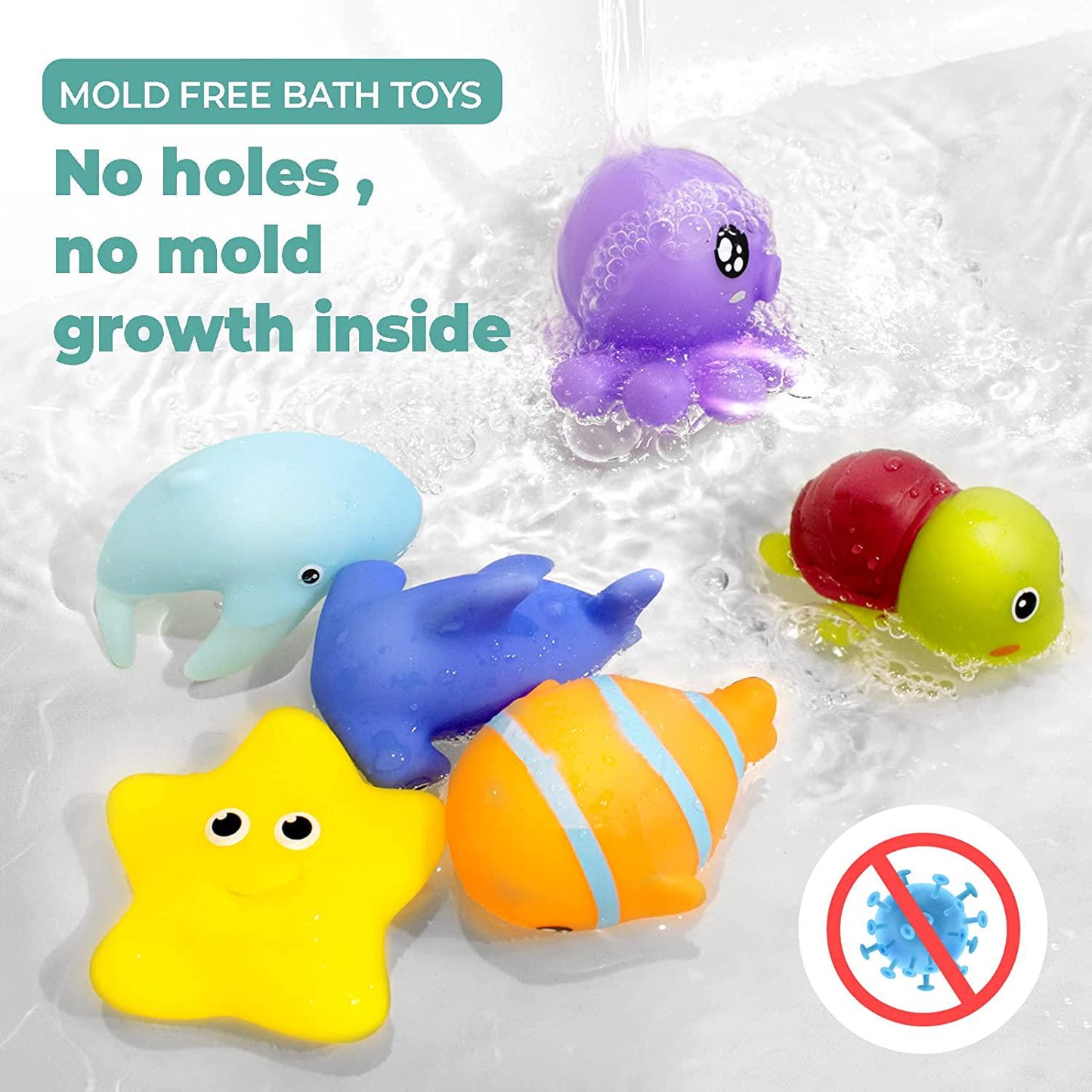 Mold Free Infant Bath Toys for 1 Year Old - 6pcs No Hole Ocean Sea Animal Bathtub Toys, Baby Bath Tub Toys No Mold