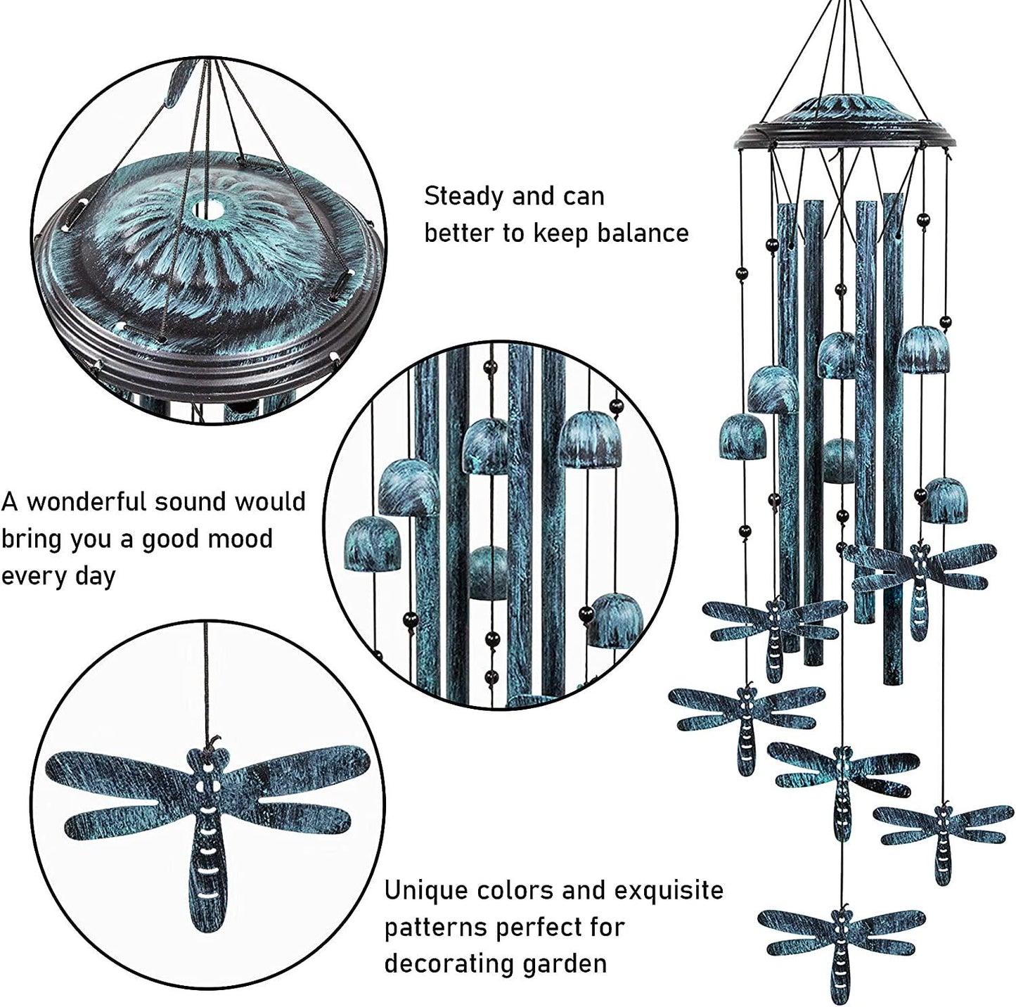 Outdoors Wind Chimes with 4 Aluminum Tubes - Dragonfly S Hook, Wind Bells Hanging Decorate for Patio, Garden, Backyard or Porch