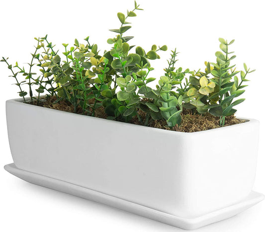 MyGift 14 Inch Modern Unglazed White Ceramic Indoor Plant Pot with Drainage Hole, Rectangular Succulent Planter Window Box with Removable Saucer, White-