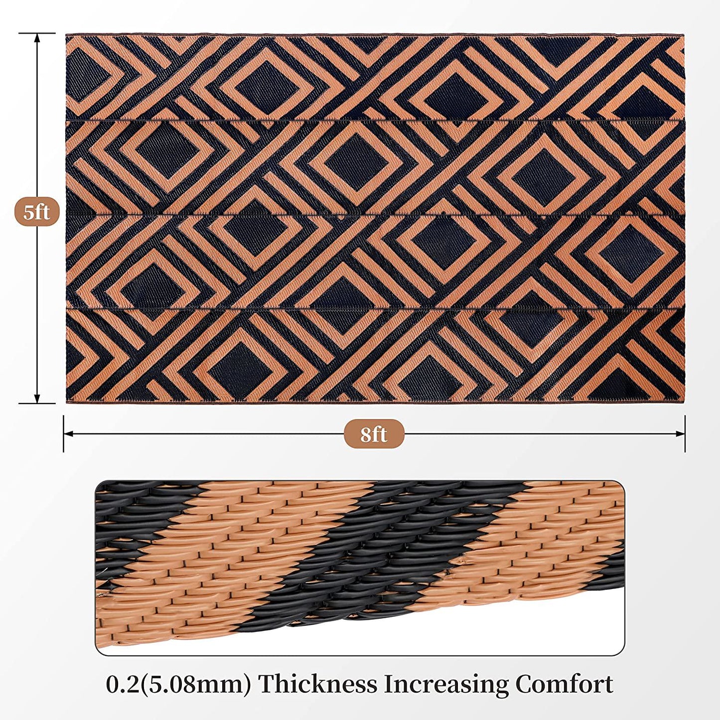 Reversible Rugs Plastic Patio Area Rugs, 5x8FT Lightweight Outside Rhombus Mats for Patio, Straw, RV Camping, Beach and Picnic (Black + Brown)