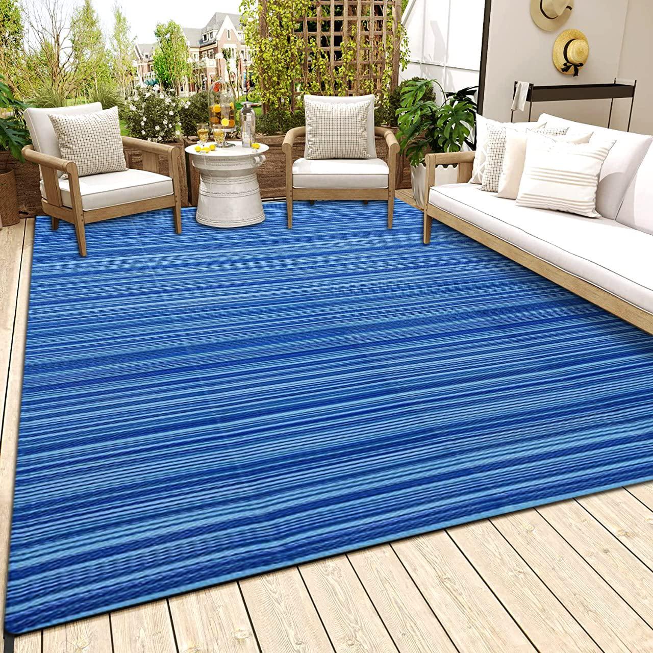 NAQSH Outdoor Indoor Plastic Rug - Foldable Reversible Outdoors Waterproof and Washable Patios Garden Decor, Size (3x5 Feet, Striped Blue)-
