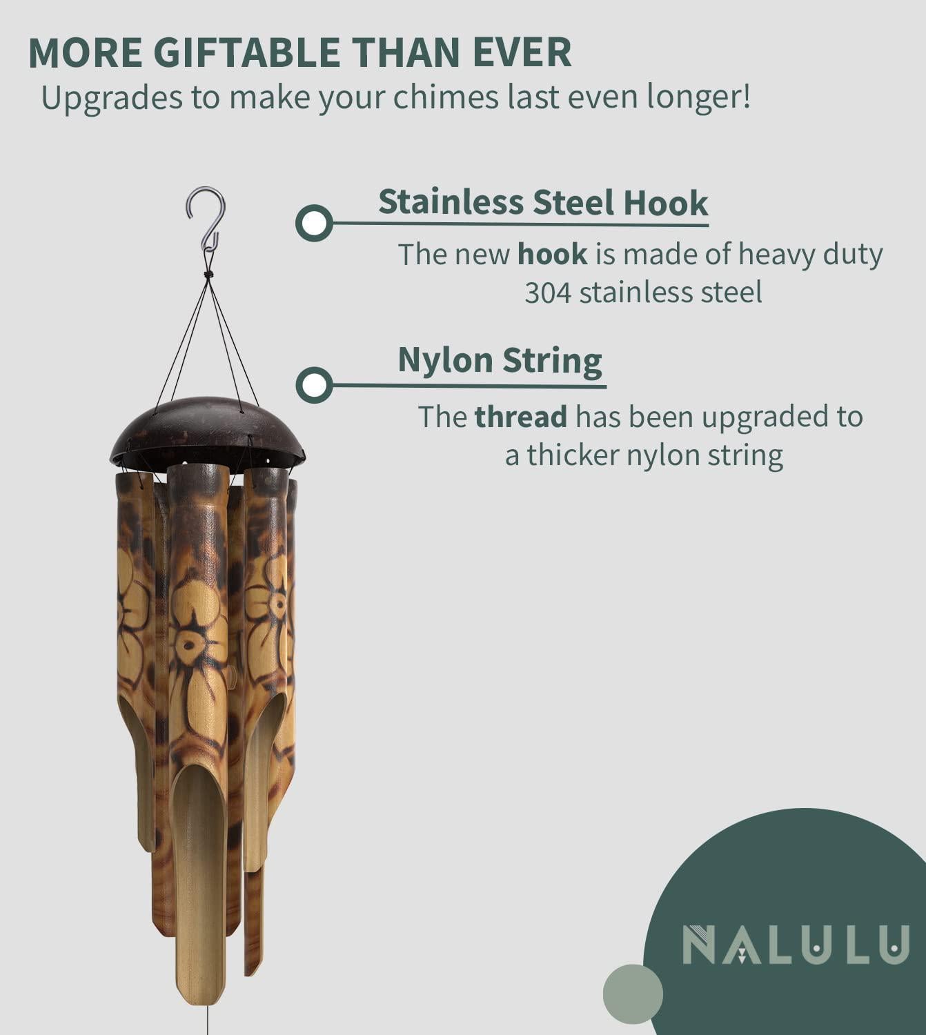 Nalulu Rustic Bamboo Wind Chimes - Outside Outdoor Wooden Windchimes, Medium, Floral Burned Design with Coconut Crown, Handcrafted with Calming Deep Tones