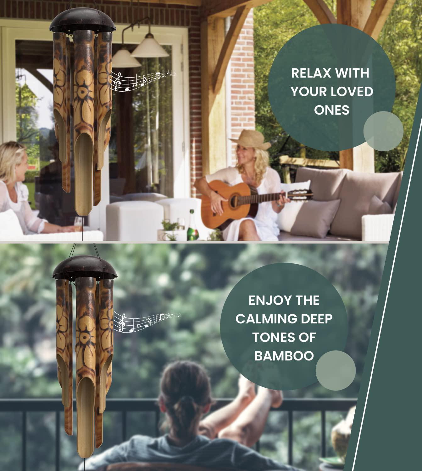 Nalulu Rustic Bamboo Wind Chimes - Outside Outdoor Wooden Windchimes, Medium, Floral Burned Design with Coconut Crown, Handcrafted with Calming Deep Tones