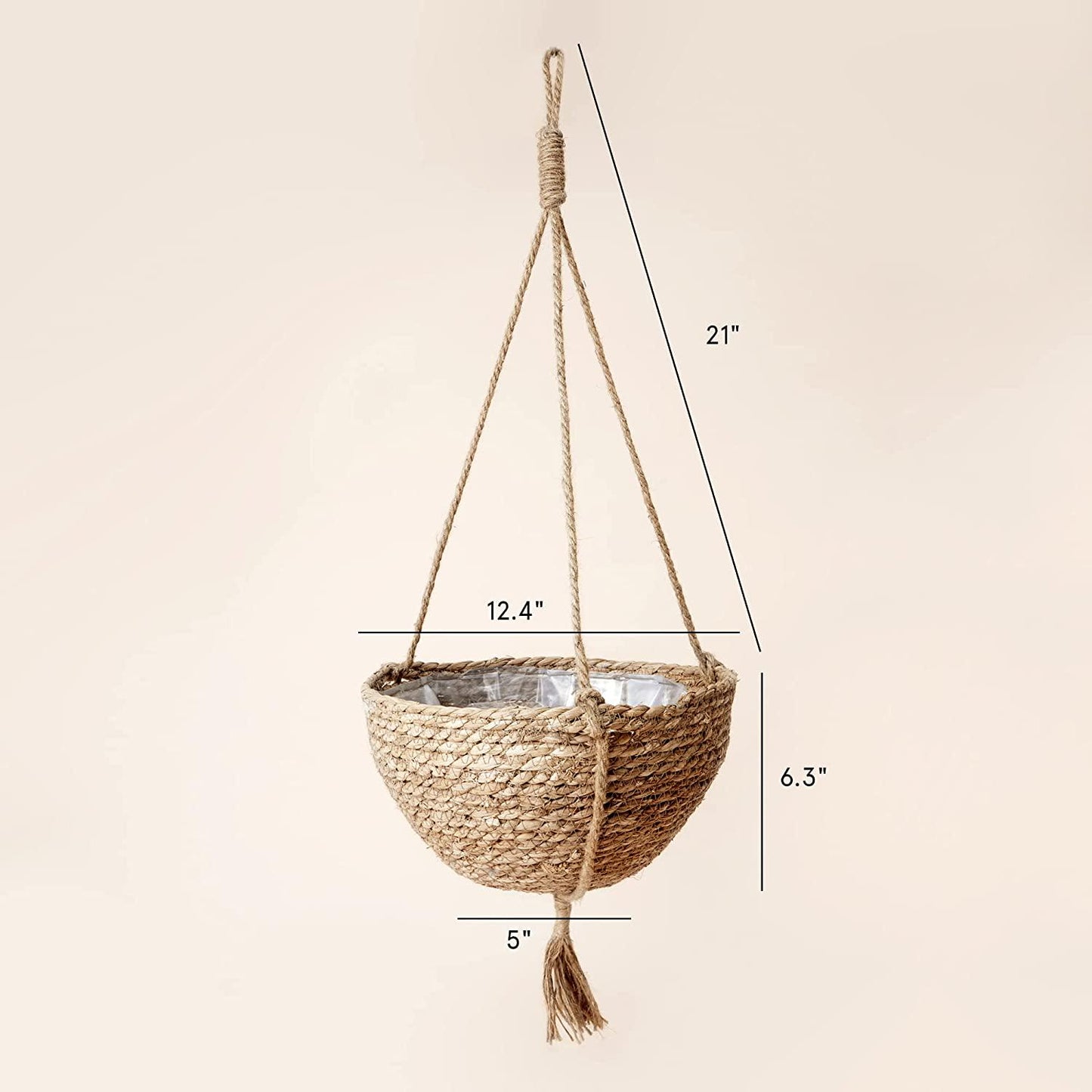 Natural Seagrass Hanging Planter Basket Set, Indoor Plant Pots, Boho Decor Plant Pot Cover, 12.4 (D) 6.3 (H) Inch, Pack 2