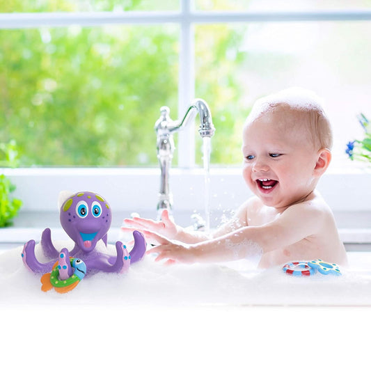 Nuby Floating Purple Octopus with 3 Hoopla Rings Interactive Bath Toy-