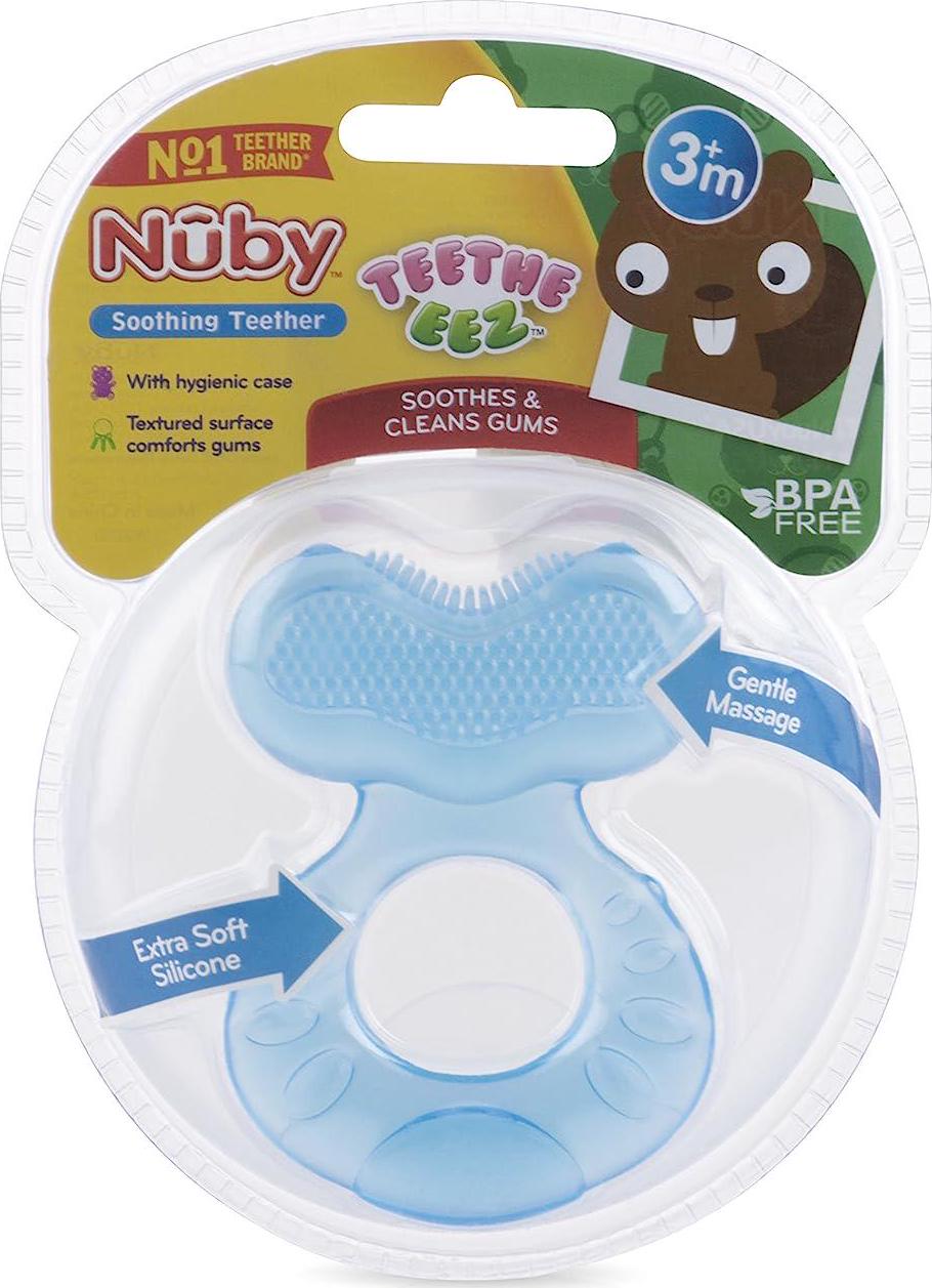 Nuby Silicone Teethe-eez Teether with Bristles, Includes Hygienic Case, Blue