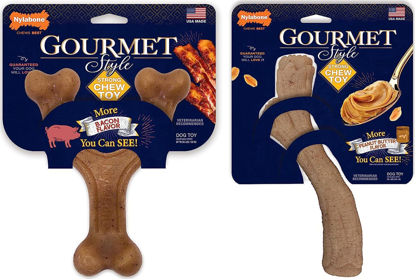 Gourmet Style Strong Chew Dog Chew Toy Bundle Bacon and Peanut Butter Large/Giant (2 Count)