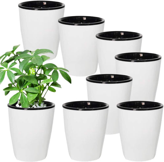 OJYUDD 8 Pack 4 Inch Self Watering Plastic Planter with Inner Pot White Flower Plant Pot,Modern Decorative Flower Pot for All House Plants,Flowers,Herbs,African Violets-