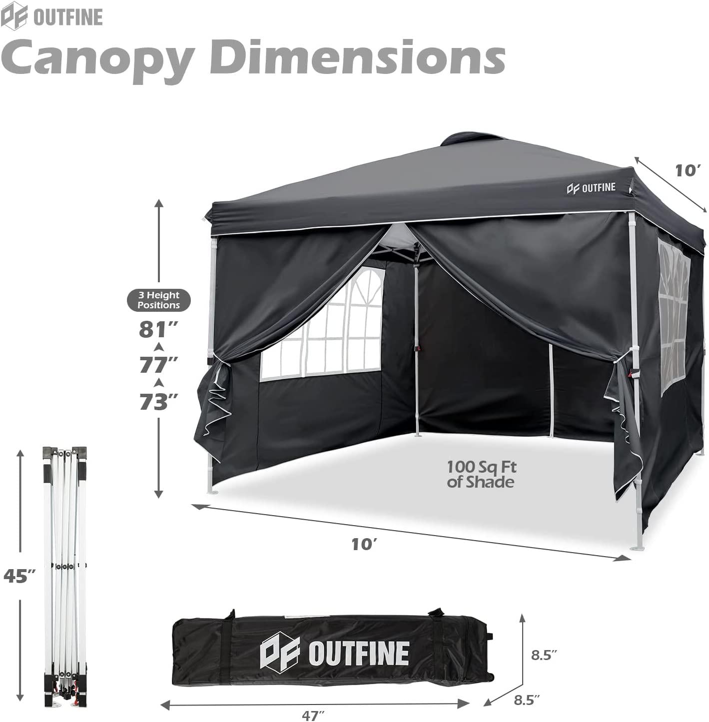 Canopy 10'x10' Pop Up Commercial Instant Gazebo Tent, Fully Waterproof, Outdoor Party Canopies with 4 Removable Sidewalls, Stakes x8, Ropes x4 (Black, 10 * 10FT)