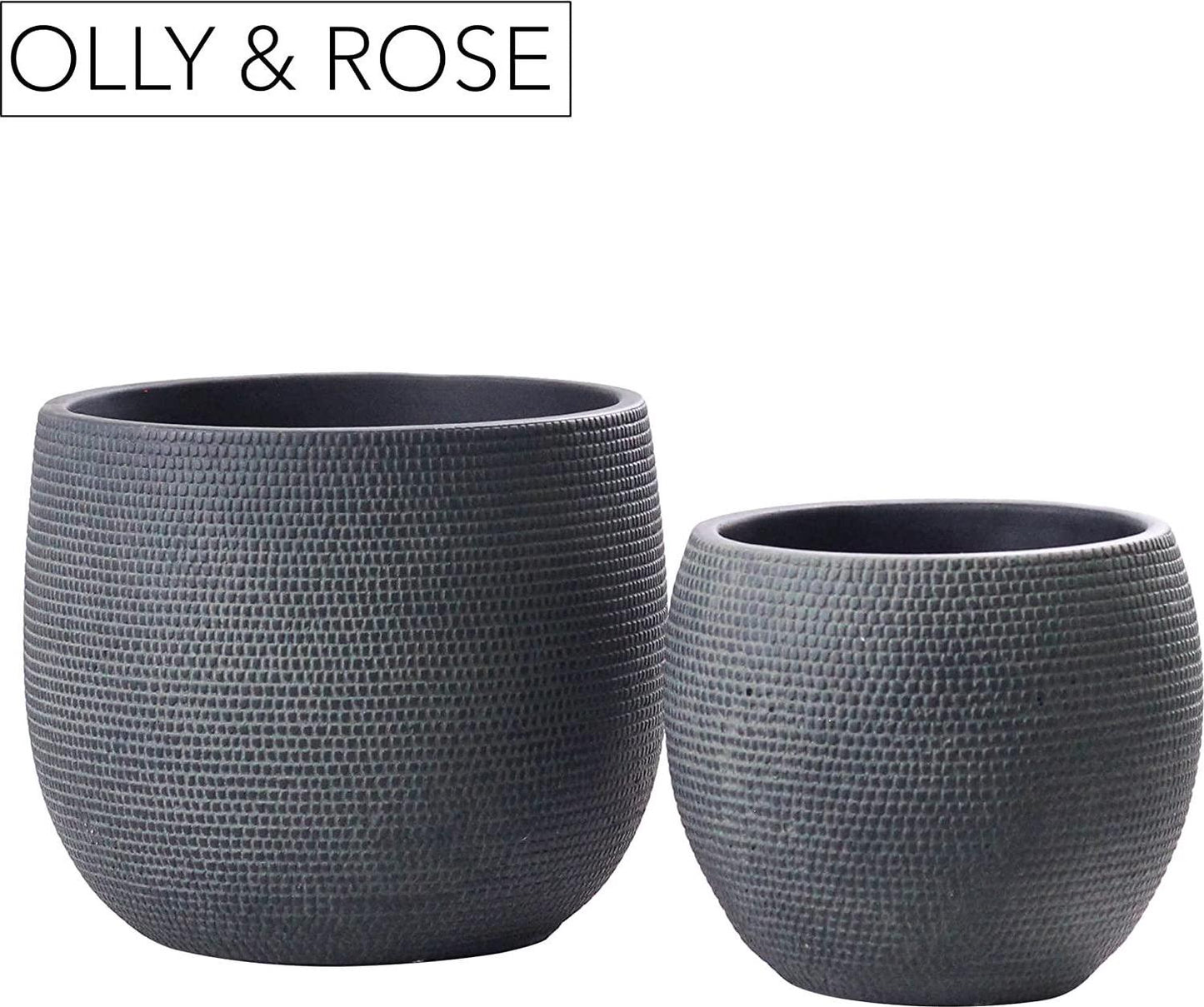 Olly and Rose Barcelona Ceramic Plant Pot Set 2 - Black Flower Pots 7 and 5.5 - Indoor and Outdoor Planters (Black)