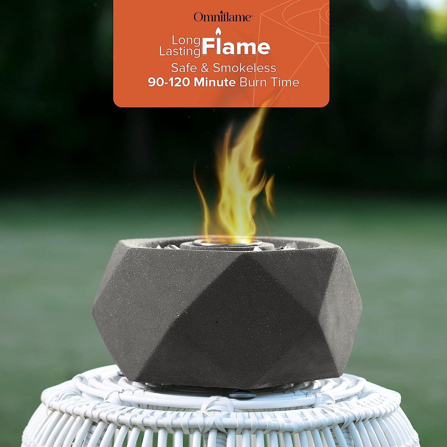 Concrete Tabletop Fire Pit - Hexagonal Mini Portable Fire Pit with Legs for Indoor and Garden, Mini Fire Pit with Extinguisher and 830g x Silver Tempered Fire Glass