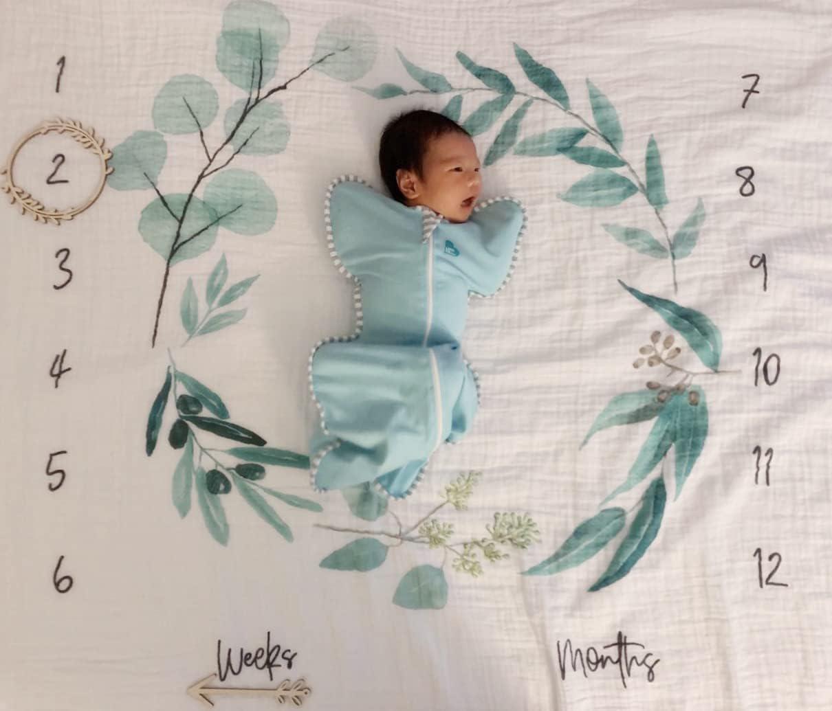 Organic Baby Monthly Milestone Blanket Newborn Boy Girl Unisex Gender Neutral| Green Leaf Wreath Eucalyptus Baby Nursery Month Picture Blanket| Growth Photography Background Prop|Birth Announcement