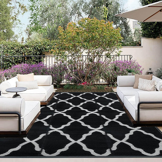 OutdoorLines Outdoor Area Rugs for Patio 4x6 ft - Reversible Outside Carpet, Stain and UV Resistant RV Mats, Plastic Straw Rug for Camping, Deck Garden, Porch and Balcony, Moroccan Black and Light Grey-
