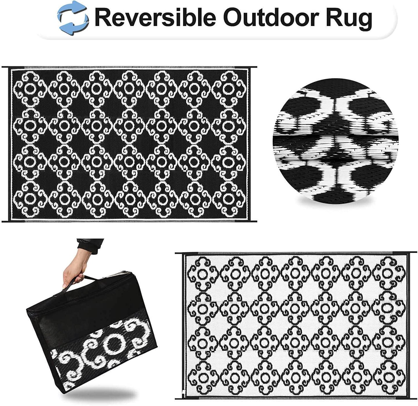 OutdoorLines Indoor Outdoor Rugs for Patio 4x6 ft - Reversible Outside Carpet, Stain and UV Resistant Portable RV Mats, Plastic Straw Rug for Camping, Flower Black and White