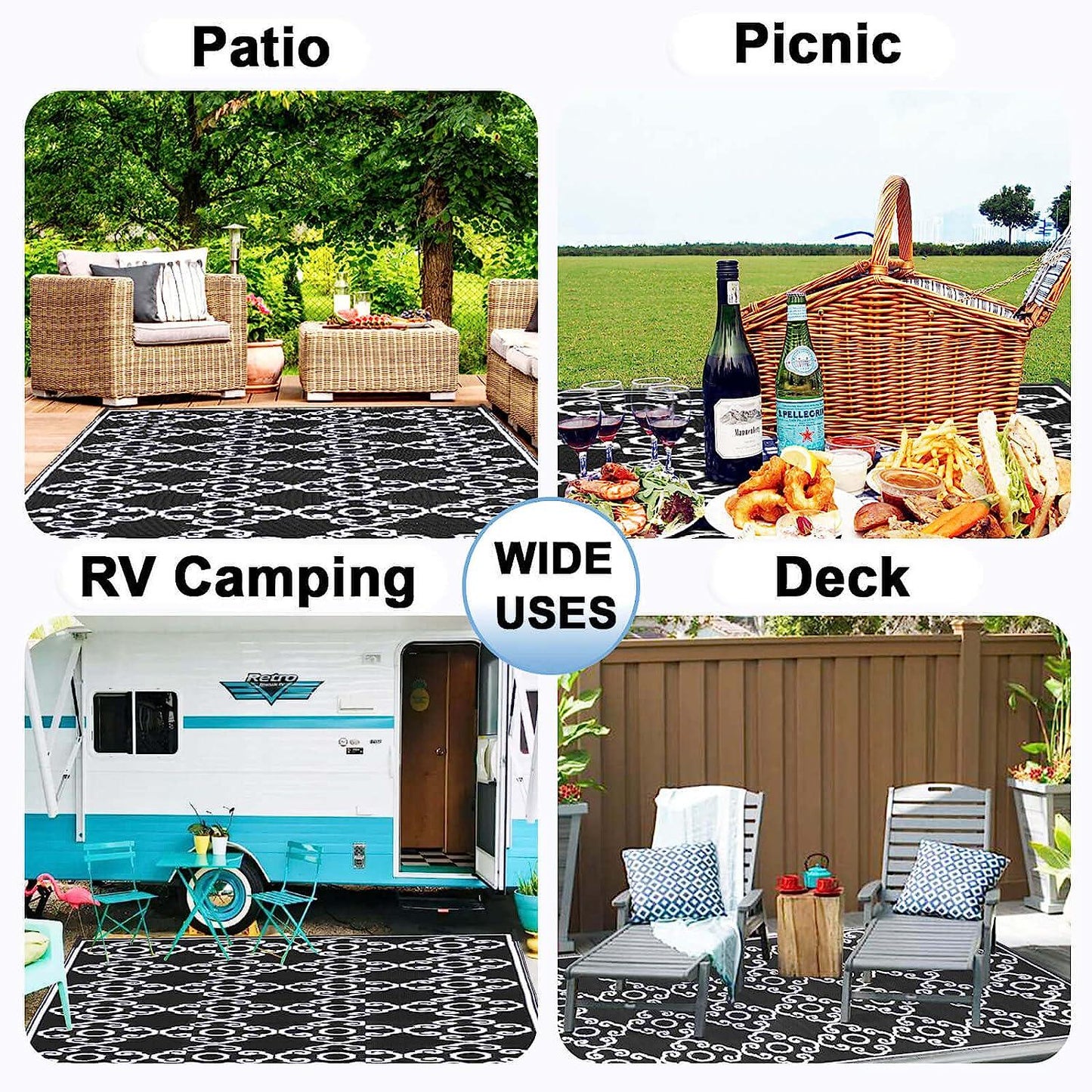 OutdoorLines Indoor Outdoor Rugs for Patio 4x6 ft - Reversible Outside Carpet, Stain and UV Resistant Portable RV Mats, Plastic Straw Rug for Camping, Flower Black and White