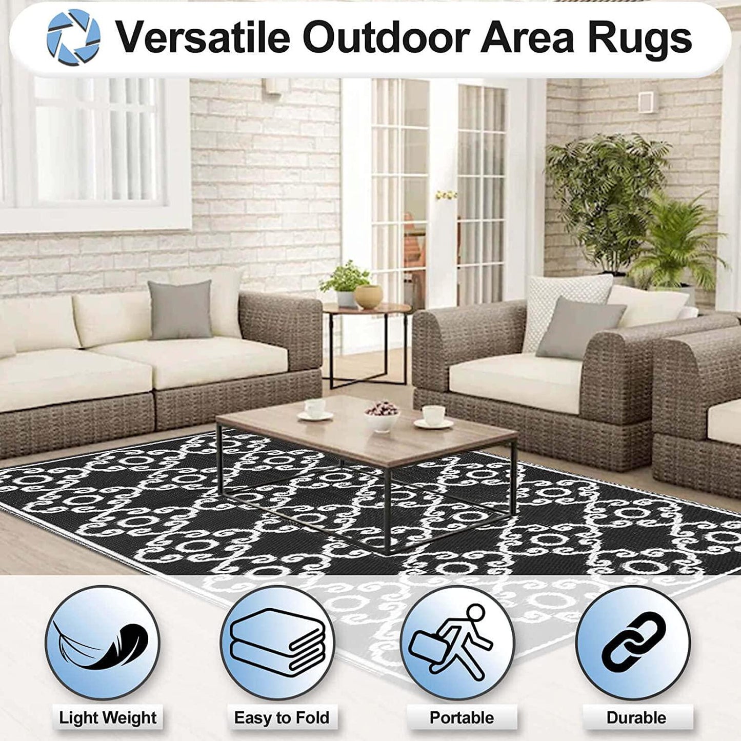 OutdoorLines Indoor Outdoor Rugs for Patio 4x6 ft - Reversible Outside Carpet, Stain and UV Resistant Portable RV Mats, Plastic Straw Rug for Camping, Flower Black and White