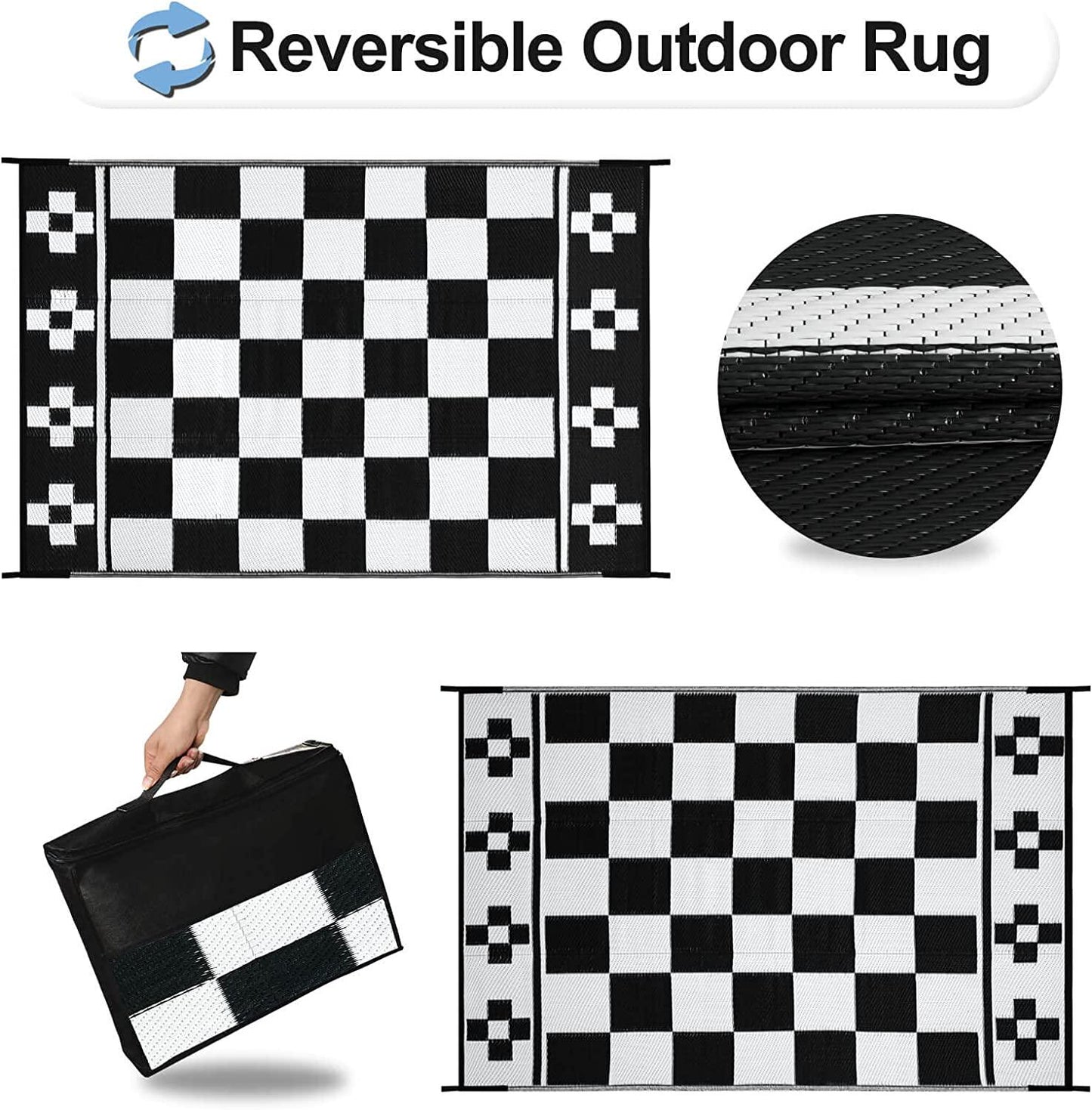 OutdoorLines Indoor Outdoor Rugs for Patio 4x6 ft - Reversible Outside Area Rug, Stain and UV Resistant Portable /Black and White