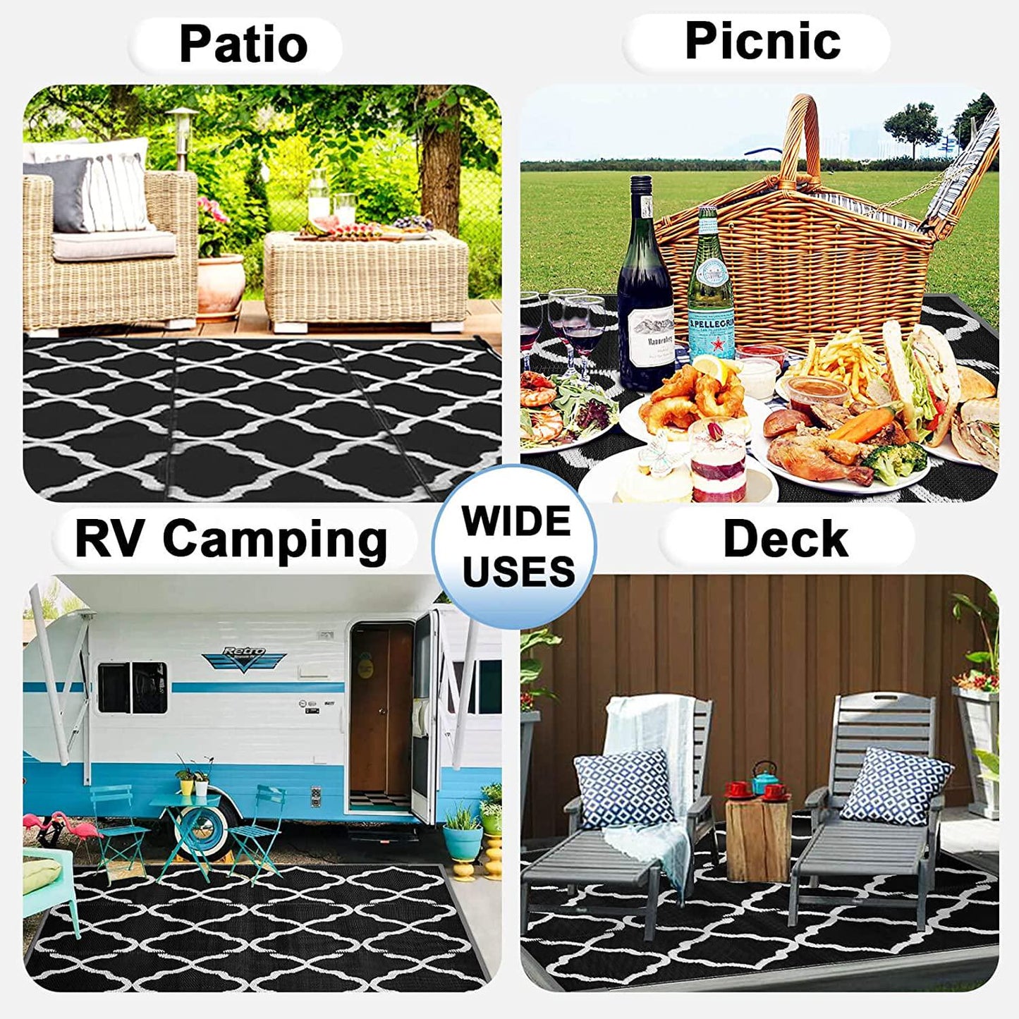 OutdoorLines Outdoor Area Rugs for Patio 4x6 ft - Reversible Outside Carpet, Stain and UV Resistant RV Mats, Plastic Straw Rug for , Deck , Porch and Moroccan Black and Light Grey