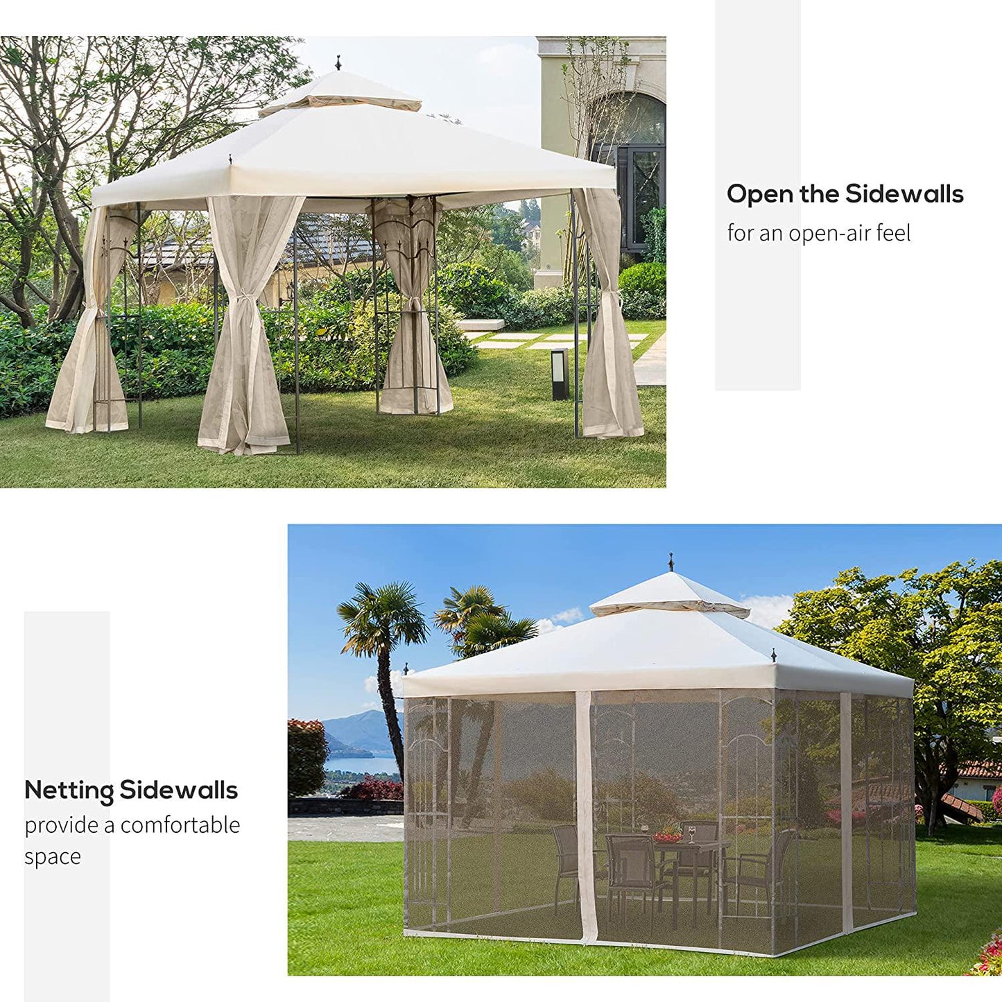 Outsunny 10&#039; x 10&#039; Patio Gazebo with Corner Frame Shelves, Double Roof Outdoor Gazebo Canopy Shelter with Netting, for Patio, Wedding, Catering and Events, Cream White