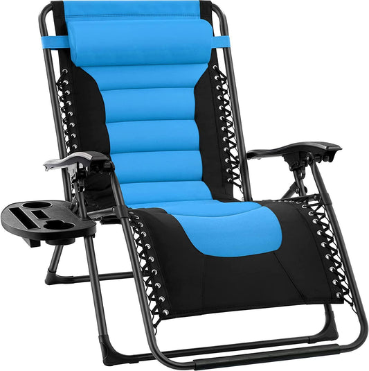 Oversized Padded Zero Gravity Chair, Folding Outdoor Patio Recliner, XL Anti Gravity Lounger for Backyard w/Headrest, Cup Holder, Side Tray, Outdoor Polyester Mesh-